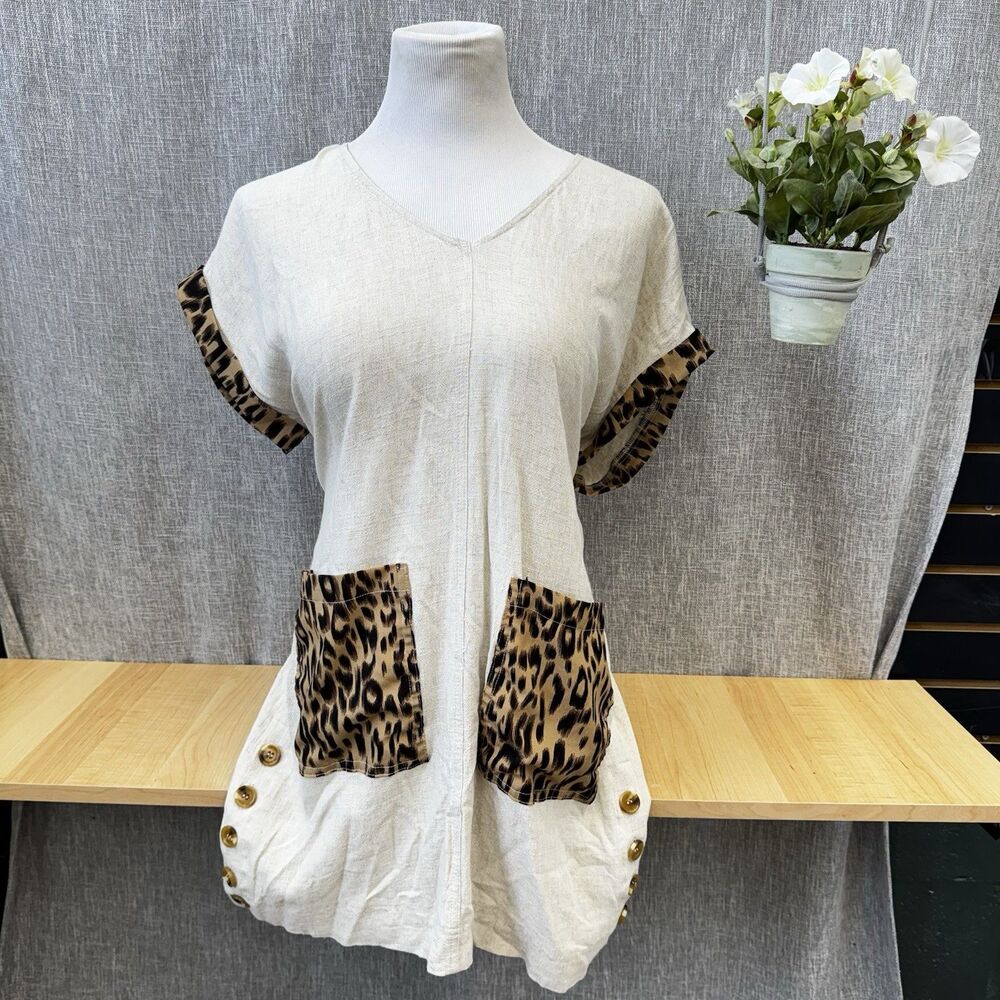 Umgee Womens Linen Cotton M Tan Leopard Print Short Sleeve Dress Button Details